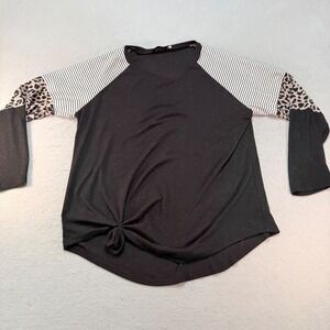 Odosalii Women's Black Knot Front Raglan Top Leopard Stripe Long Sleeve‎